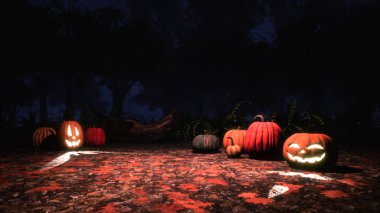 Jack-o-lantern halloween pumpkins düşen sonbahar yaprakları arasında perili sonbahar orman puslu geceleri kapalı bir yerde oyulmuş. Sonbahar sezonu 3d çizim 3d render dosyamın.