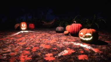 Jack-o-lantern halloween pumpkins perili ormanda düşen sonbahar yaprakları tarafından sisli mistik geceleri kaplı bir zeminde oyulmuş. Sonbahar sezonu 3d çizim 3d render dosyamın.