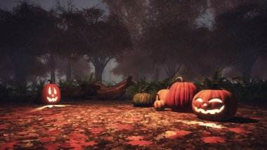 Jack-o-lantern halloween pumpkins sisli sonbahar ormandaki düşen sonbahar yaprakları arasında alacakaranlık gece veya gündüz oyulmuş. Güz sezon şenlikli 3d çizim 3d render dosyamın.
