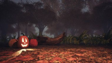 Jack-o-lantern halloween pumpkins büyülü sonbahar ormandaki sisli alacakaranlık gece veya gündüz oyulmuş. Güz sezon şenlikli 3d çizim 3d render dosyamın.
