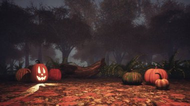 Jack-o-lantern halloween pumpkins sisli alacakaranlık gece veya gündüz ürkütücü sonbahar ormandaki düşen sonbahar yaprakları kapalı bir yerde oyulmuş. Fantezi 3d render dosyamın 3D çizim.
