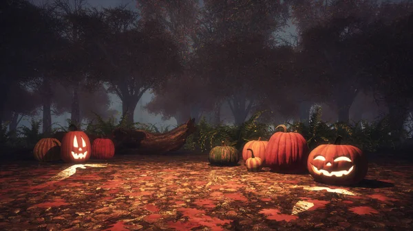 Страшные Хэллоуинские Тыквы Земле Покрытой Опавшими Осенними Листьями Туманном Осеннем — стоковое фото