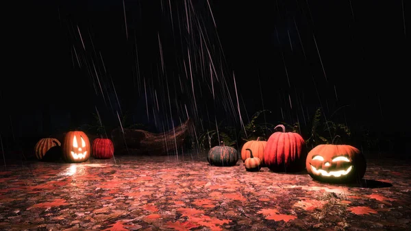 Jack Lantaarn Gesneden Halloween Pompoenen Een Natte Grond Gedekt Door — Stockfoto