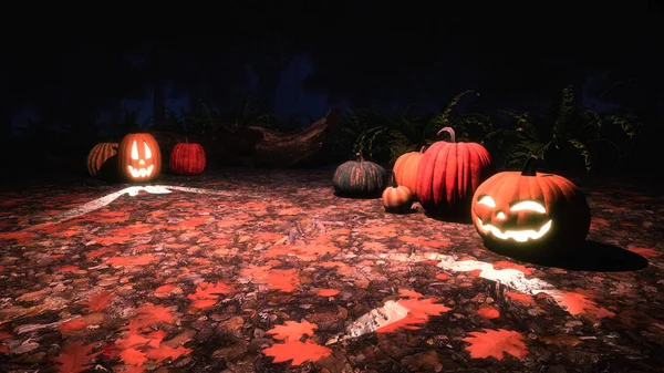 Jack Lantern Talló Calabazas Halloween Suelo Cubierto Por Hojas Caídas —  Fotos de Stock