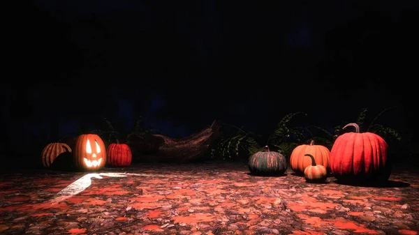 Scary Jack Lantern Talló Calabazas Halloween Mágico Bosque Otoñal Noche —  Fotos de Stock