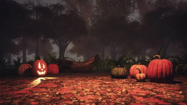 Jack Lantern Snidade Halloween Pumpor Skrämmande Hösten Skogen Dimmiga Skymning — Stockfoto