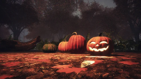 Close up of scary Jack-o-lantern carved halloween pumpkin on a ground covered by fallen autumn leaves in misty forest at dusk or night. Fall season 3D illustration from my own 3D rendering file.