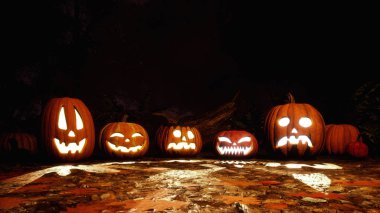 Birkaç çeşitli komik kabaklar geceleri karanlık korkutucu ormanda düşen sonbahar yaprakları kapsadığı bir zemin üzerinde halloween oyulmuş. Güz sezon şenlikli 3d çizim 3d render dosyamın.