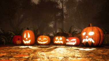 Çeşitli yakın Jack-o-lantern oyulmuş halloween pumpkins alacakaranlık gece veya gündüz düşen sonbahar yaprakları sisli orman kapsadığı bir yerde. 3d render dosyamın şenlikli 3d çizim.