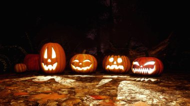 Birkaç çeşitli komik Jack-o-lantern halloween pumpkins perili sonbahar ormandaki karanlık mistik geceleri oyulmuş. Güz sezon şenlikli 3d çizim 3d render dosyamın.