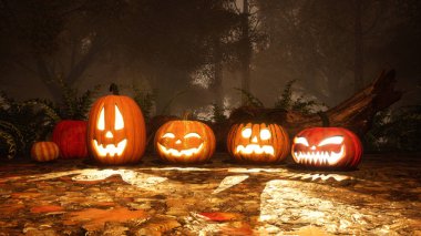 Birkaç çeşitli komik Jack-o-lantern halloween pumpkins perili sonbahar ormandaki sisli alacakaranlık gece veya gündüz oyulmuş. Güz sezon şenlikli 3d çizim 3d render dosyamın.