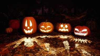 Çeşitli yakın komik Jack-o-lantern oyulmuş halloween pumpkins gizemli ormana düşen sonbahar yaprakları tarafından karanlık geceleri kapalı bir yerde. 3d render dosyamın 3D çizim.