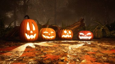 Birkaç çeşitli Jack-o-lantern halloween pumpkins alacakaranlık gece veya gündüz sisli sonbahar ormandaki düşen sonbahar yaprakları kapalı bir yerde oyulmuş. 3d render dosyamın 3D çizim.