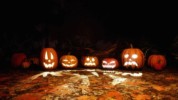 Birkaç Jack Lantern Halloween Pumpkins Düşen Sonbahar Yaprakları Perili Sonbahar — Stok fotoğraf