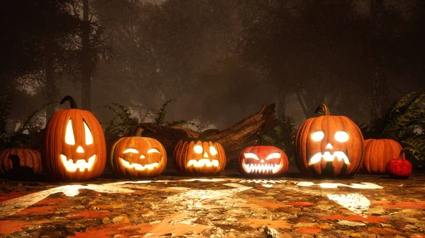 Algumas Abóboras Halloween Esculpidas Engraçadas Chão Coberto Por Folhas Outono — Fotografia de Stock