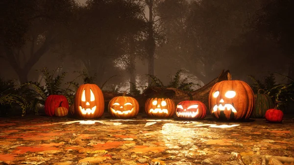 Unas Cuantas Calabazas Divertidas Jack Lantern Talladas Halloween Oscuro Bosque —  Fotos de Stock