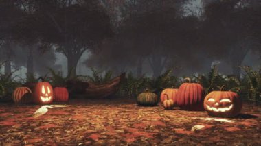 Jack-o-lantern halloween pumpkins puslu alacakaranlık gece veya gündüz korkunç sonbahar orman içinde düşen sonbahar yaprakları kapalı bir yerde oyulmuş. 4 k'dan fazla işlenen sonbahar sezonu gerçekçi 3d animasyon