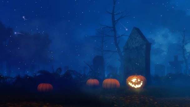 Jack-o-lantern carved Halloween pumpkin and mystical firefly lights at abandoned old scary cemetery at dark misty night. Cinemagraph style fantasy 3D animation rendered in 4K