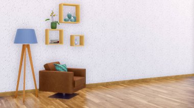 Modern minimalist oturma odası iç dizayn kahverengi deri koltuk, zemin lamba ve boş beyaz duvar arka plan kopya alanı ile basit raflarda. 3d render dosyamın 3D çizim.