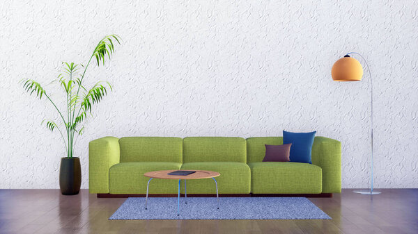 Светлый интерьер гостиной в современном минималистском стиле с зеленым диваном, журнальным столиком, напольной лампой и ковровым покрытием на пустом белом фоне стен. 3D иллюстрация из моего собственного файла 3D рендеринга
.