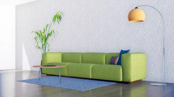 Comfortable green sofa, houseplant and simple floor lamp against empty white stucco wall background in modern minimalistic living room interior. 3D illustration from my own 3D rendering file.