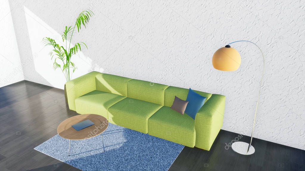 Overhead view of modern minimalist living room interior design with green sofa, coffee table, floor lamp and indoor plant against empty white wall. 3D illustration from my own 3D rendering file.