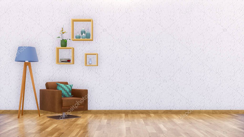 Brown leather armchair, floor lamp and simple square shelves in modern minimalist living room interior with copy space on empty white stucco wall. 3D illustration from my own 3D rendering file.