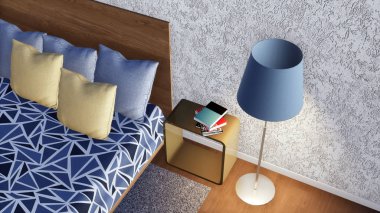 Çift kişilik yatak yastık, basit komidin ve modern minimalist yatak odası iç zemin lamba ile genel gider görünümünü kapatın. 3d render dosyamın 3D çizim.
