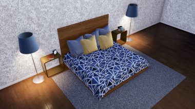 Yüksek açılı görünüş modern minimalist yatak odası iç çift kişilik yatak, basit gece masa, zemin lamba ve beyaz duvarlar sıva ile dekore edilmiş veya dokulu duvar kağıdı. kendi 3d 3D örnek render dosya.