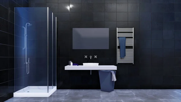 Modern minimalist bathroom interior in black and white colors with glass walk-in shower, mirror and simple ceramic sink on a dark tiled wall background. 3D illustration from my own 3D rendering file.