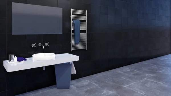 Modern minimalist bathroom interior design with simple mirror and white ceramic sink on empty black marble tiled wall background with space for text. 3D illustration from my own 3D rendering file.