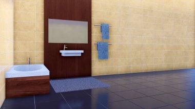 Boş modern minimalist banyo iç küvet, ayna ve bej döşenmiş duvar arka plan kopya alanı ile basit seramik lavabo ile parlak renkler. 3d render dosyamın 3D çizim.