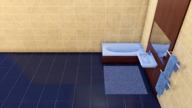 Havai görünümü modern minimalist banyo iç basit şık küvet, seramik lavabo ve bej mermer duvarlar metin için yer ile döşenmiş. kendi 3d 3D örnek render dosya.