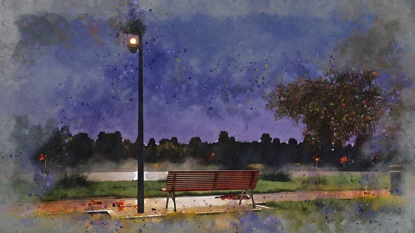 Croquis Aquarelle Banc Bois Vide Éclairé Par Lampadaire Sur Une — Photo