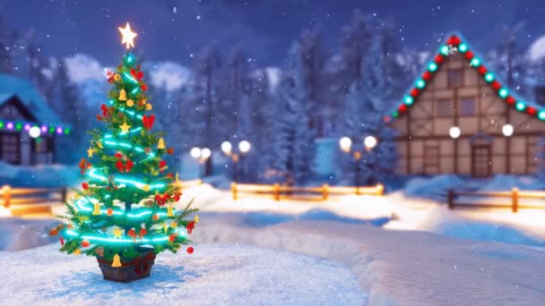 Albero Natale Decorato Luci Natale Bagattelle Neve Offuscata Coperto Villaggio — Video Stock