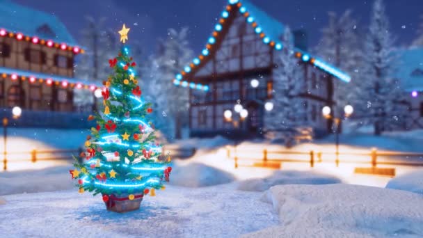 Openlucht Kerstboom Versierd Met Kerstverlichting Plein Van Gezellige Snowbound Alpine — Stockvideo