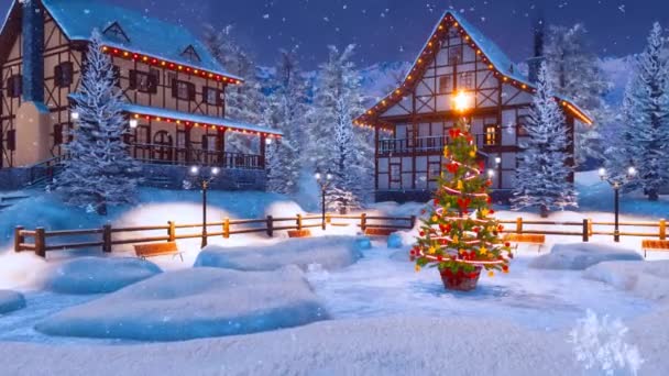 Magical Christmas Night Snowy Alpine Village High Mountains Half Timbered — Stock Video