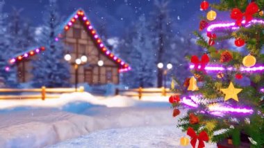 Açık Noel ağacı Noel ışıkları çelenk tarafından dekore edilmiş kapatmak ve bulanık kar karlı kış geceleri arka planda alp köyü kaplı. Xmas veya yeni yıl tatil için 3D animasyon