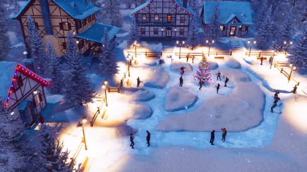 在降雪的冬夜 一群人在雪岭高山村的广场上跳舞庆祝圣诞节或新年 在室外装饰的圣诞树的中心 以4K 呈现的节日3D — 图库视频影像