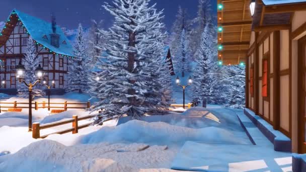 照らされた木組みの家と夜降雪中に飾られたクリスマス ツリーの雪に覆われた山の中に閉じ込められた高山村 でレンダリングされるクリスマスまたは新年の休日のための アニメーション — ストック動画