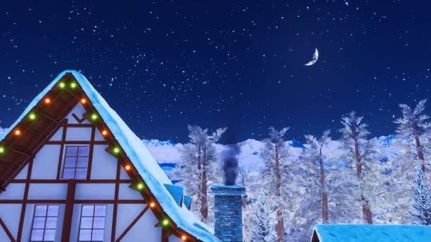 雪に覆われた屋根の伝統的な木組みの家民家高半月と星降る夜空の下でアルプス山脈での煙る煙突をクローズ アップ 冬の風景の アニメーションが でレンダリング — ストック動画