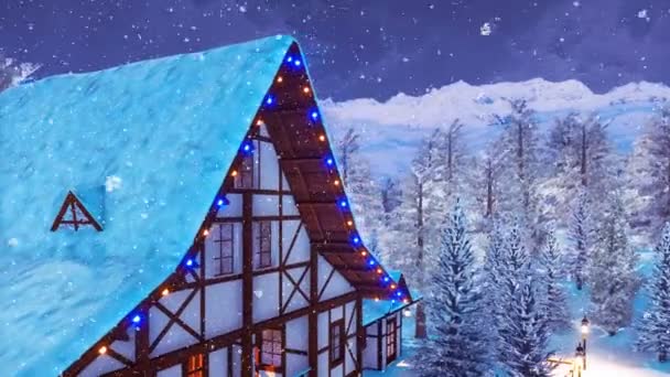 雪は重い降雪との冬の夜に伝統的な木組みの家ヨーロッパ地方の民家高雪のアルプス山脈の屋上を覆われました でレンダリングされる装飾的な アニメーション — ストック動画