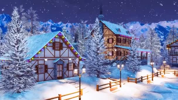 Уютный Снежный Городок Высоко Горах Освещенными Полудеревянными Домами Зимнюю Ночь — стоковое видео