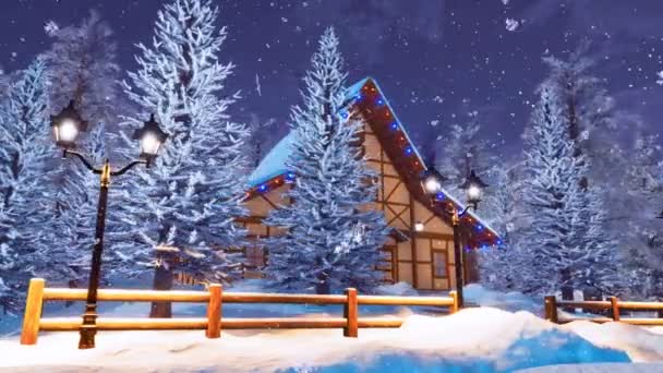 雪の中で居心地の良い積雪の木骨造りの家のある夢のような冬景色は 降雪中の冬の夜にアルプス山脈の高いモミの木を覆われています でレンダリングの人々 アニメーション — ストック動画
