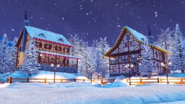 居心地の良い雪は 降雪時の穏やかな冬の夜に照らされた伝統的な木組みの家とアルプス山脈の高いヨーロッパの村を覆われました で表示なしの人のお祭りの アニメーションで — ストック動画
