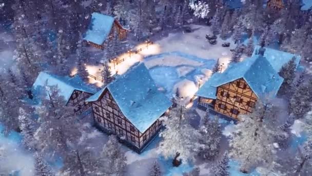在冬季的降雪中 欧洲村庄的高山上覆盖着欧洲村庄 可以看到舒适的雪底 没有人3D 动画渲染在4K — 图库视频影像
