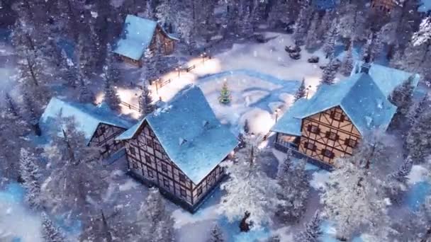 Top View Cozy Snow Covered European Village High Snowy Alpine — Stock Video