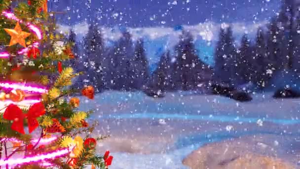 屋外のクリスマス ツリーが飾られ点滅ガーランドと降雪で多重田園背景に光沢のあるつまらない冬の夜のクローズ アップ クリスマスや新年の休暇のための アニメーション — ストック動画