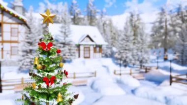 Açık Noel ağacının üstünde parlak altın yıldız tarafından dekore edilmiş ve yanıp sönen garland ışıklar ile bulanık kar kırsal manzara arka plan üzerine açık kış gününde kaplı. Noel ve yeni yıl için 3D animasyon