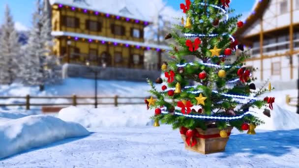 Openlucht Kerstboom Versierd Met Kerst Verlichting Garland Kerstballen Met Intreepupil — Stockvideo